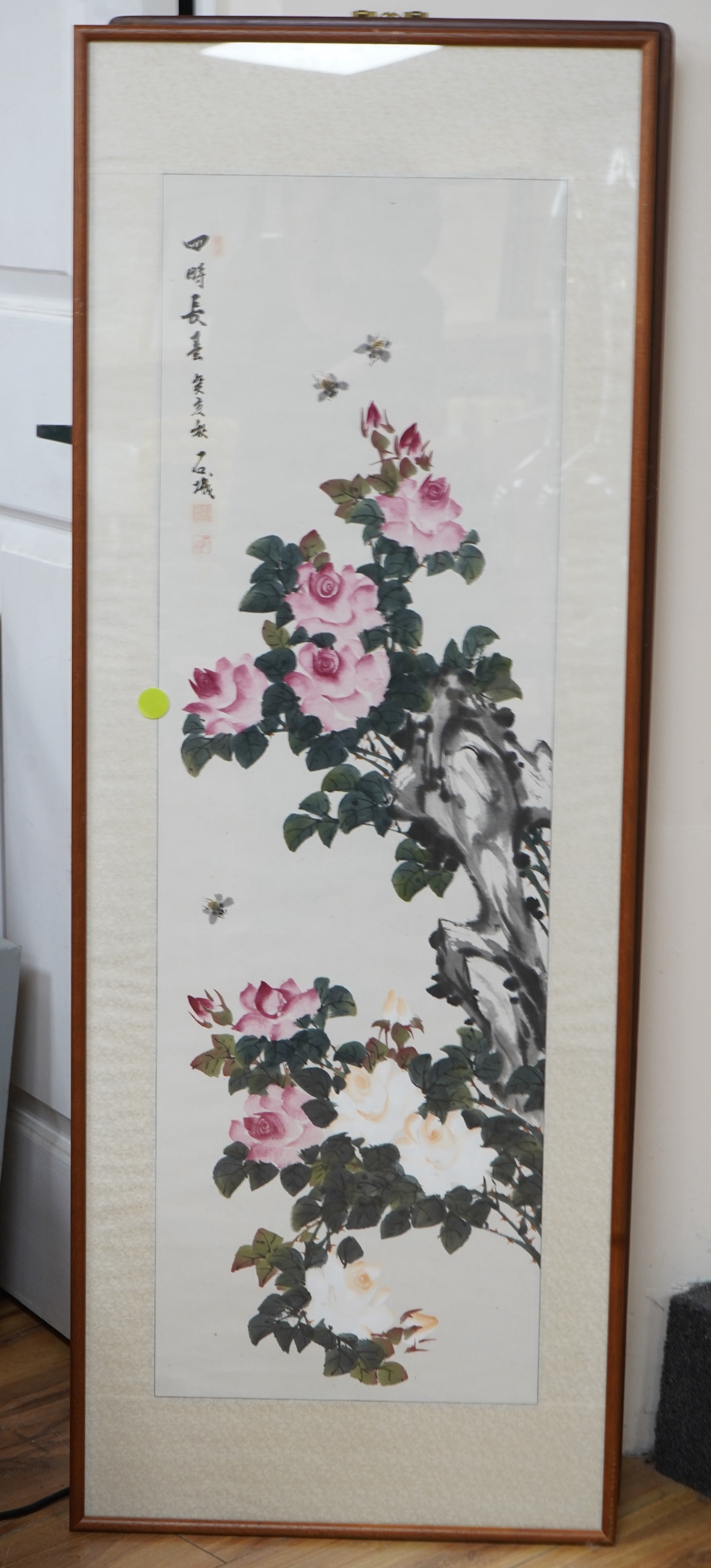 A pair of Chinese floral painted panels, signed with character marks and red seal marks, framed, 92 x 31cm